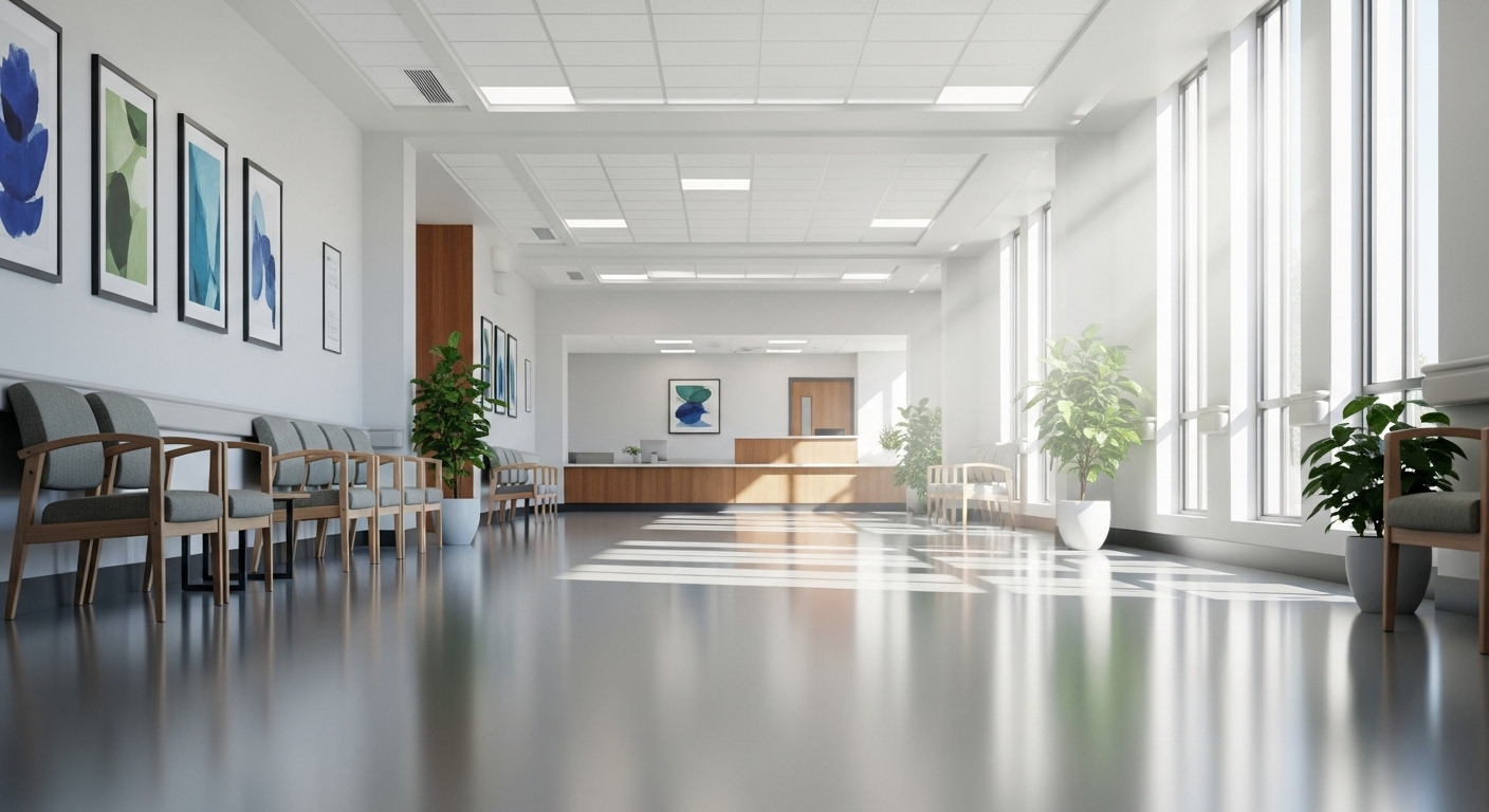 Hành lang bệnh viện hiện đại, sáng sủa dẫn đến khu vực tiếp tân sạch sẽ, môi trường lý tưởng cho hồ sơ xin việc điều dưỡng.