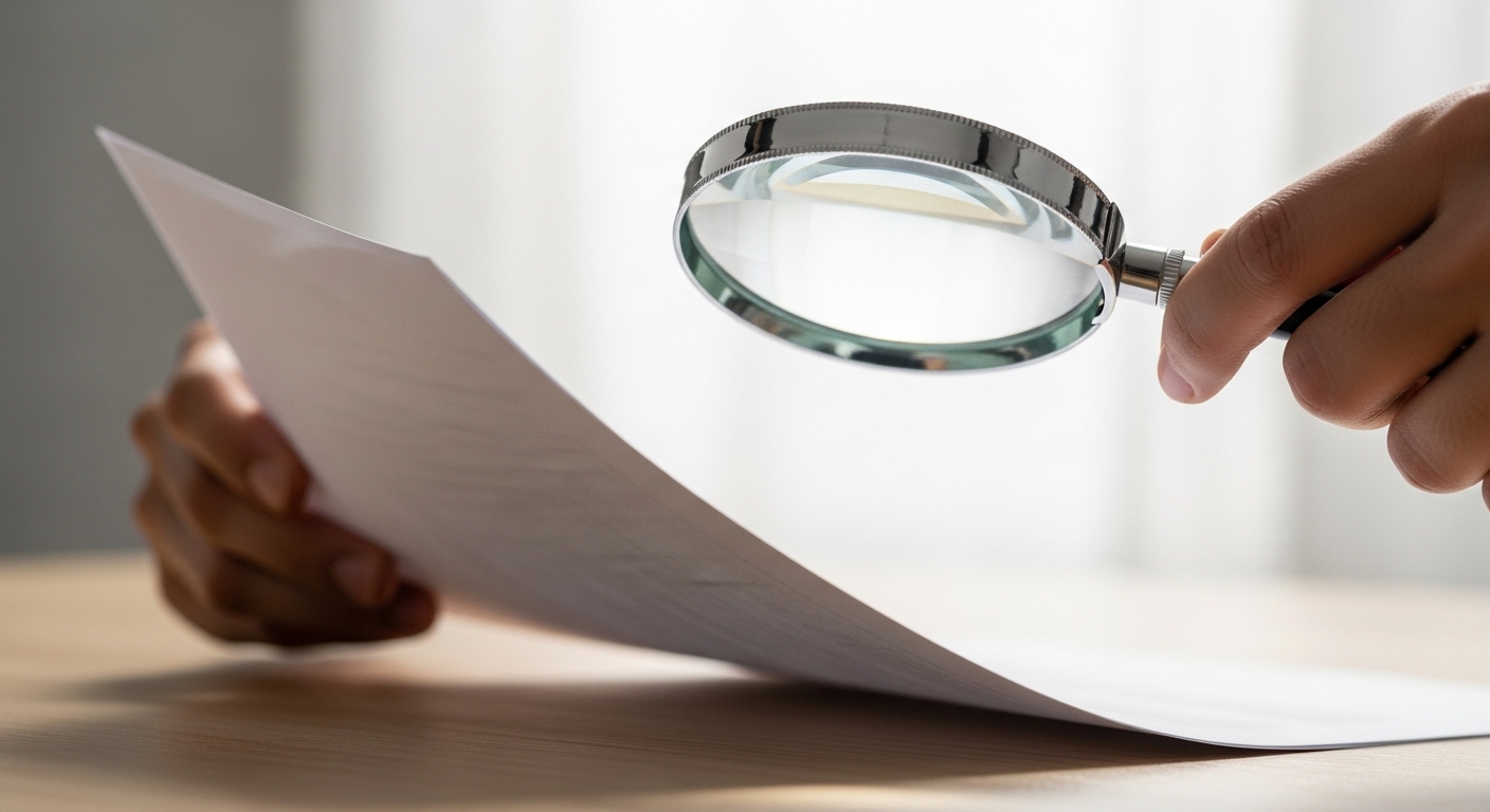 Tay cẩn thận giữ tài liệu chuyên nghiệp, kính lúp đang kiểm tra từng chi tiết trên bàn làm việc tối giản. Mô tả quá trình xem xét kỹ lưỡng một hồ sơ xin việc bác sĩ.