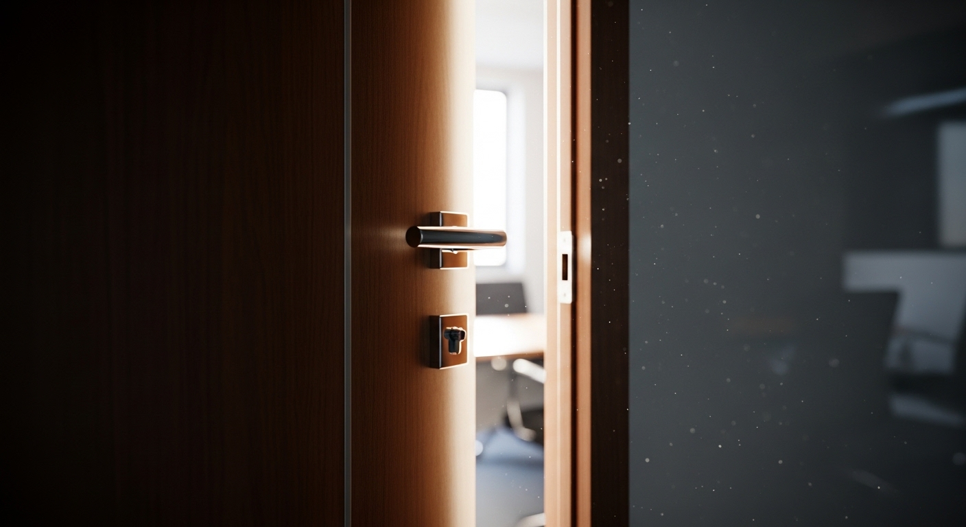 Cánh cửa gỗ hiện đại hé mở với ánh sáng mời gọi, hé lộ không gian chuyên nghiệp bên trong – nơi lý tưởng để nộp hồ sơ xin việc quán cà phê.