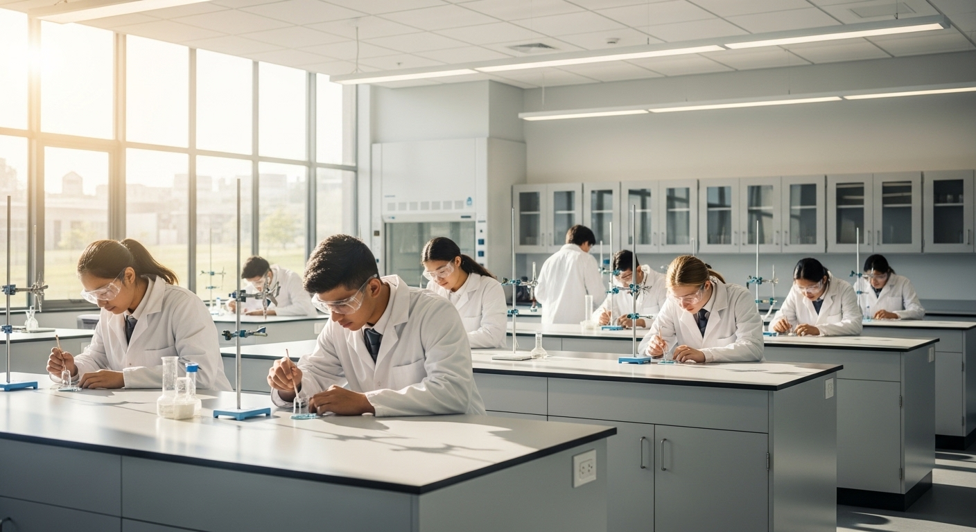 Học sinh trung học mặc áo blouse trắng đang cẩn thận thực hiện thí nghiệm khoa học trong phòng thí nghiệm STEM hiện đại của trường quốc tế ở Hà Nội.