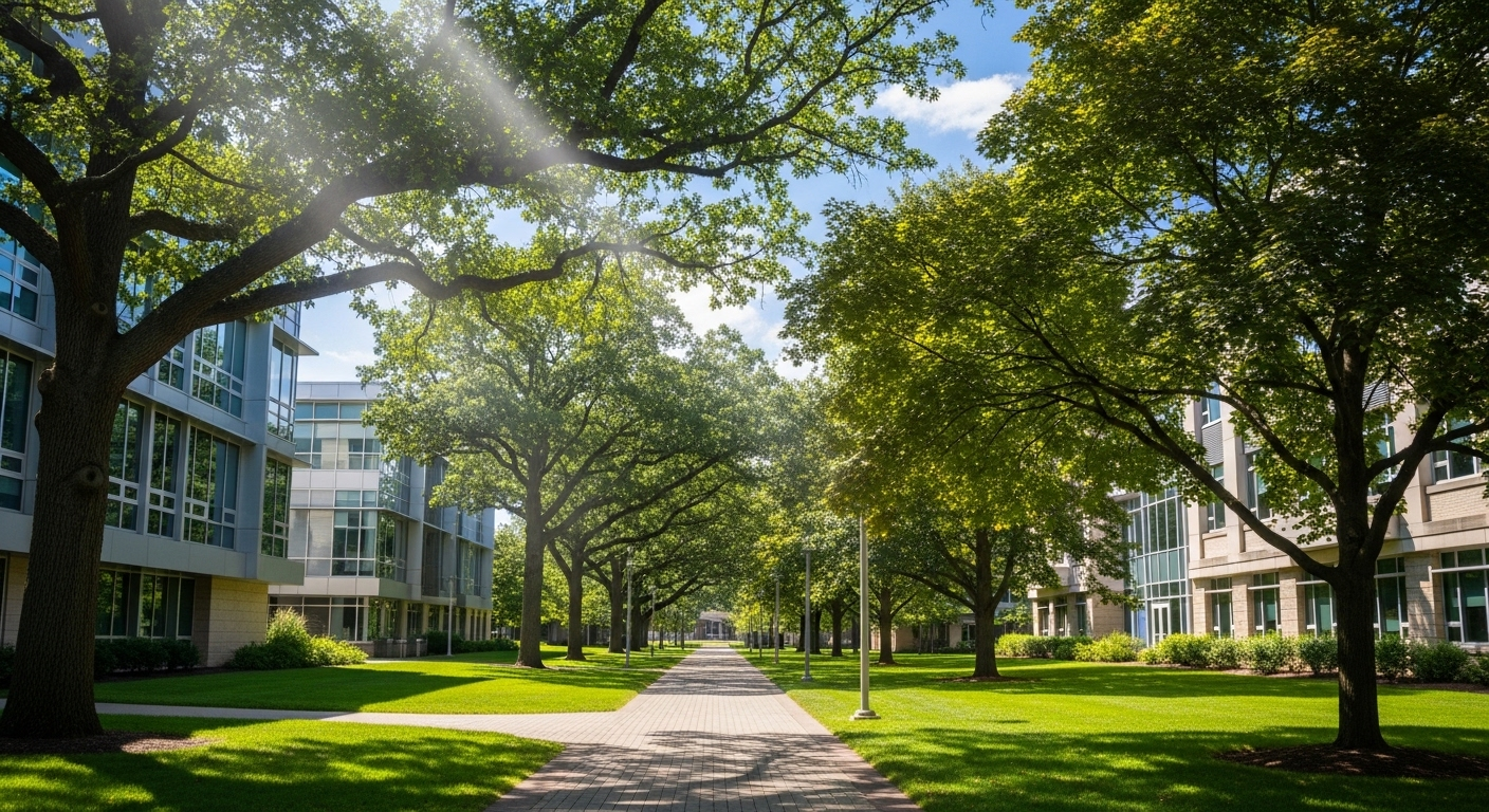 Lối đi uốn lượn giữa bãi cỏ xanh mướt và hàng cây cổ thụ tại một trường đại học có kiến trúc hiện đại, đặc trưng của các trường đại học top đầu miền Bắc.