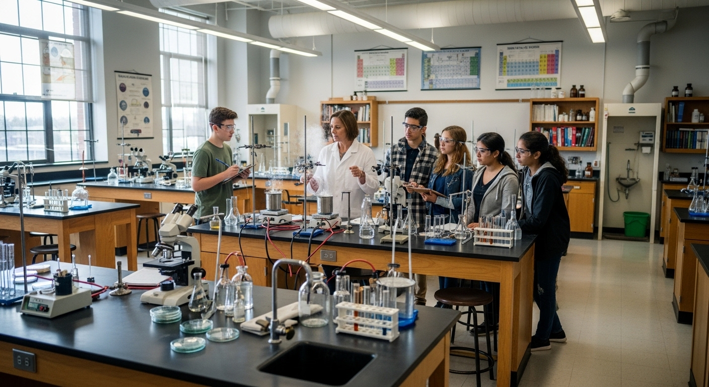 Phòng thí nghiệm khoa học hiện đại, trang bị đầy đủ tại một trường THPT tốt nhất Hà Nội, giáo viên đang hướng dẫn học sinh thực hành với kính hiển vi và dụng cụ chuyên dụng.