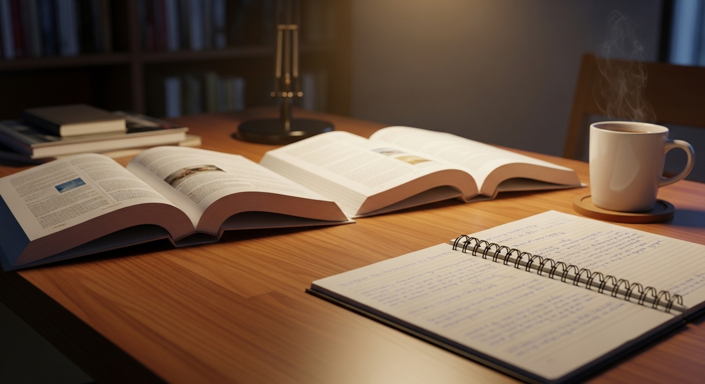 Cận cảnh bàn học ngăn nắp với sách giáo khoa, sổ ghi chép, trà nóng dưới ánh đèn ấm, tạo không gian lý tưởng cho việc học tập hướng đến các trường đại học tốt nhất thế giới 2025.