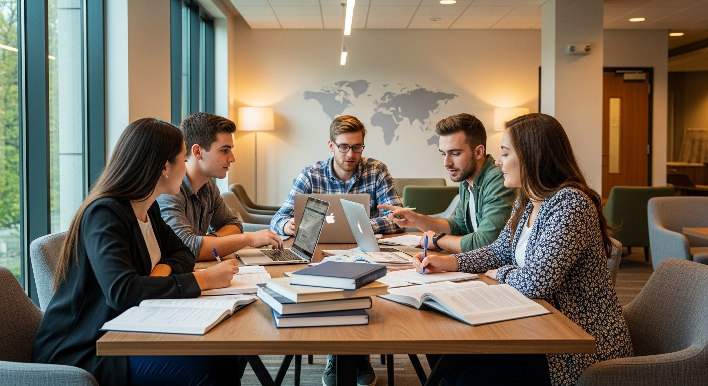 Nhóm sinh viên đa dạng đang hợp tác làm dự án trong phòng học hiện đại, với laptop và sách vở, một khung cảnh điển hình tại các top 100 trường đại học toàn cầu.