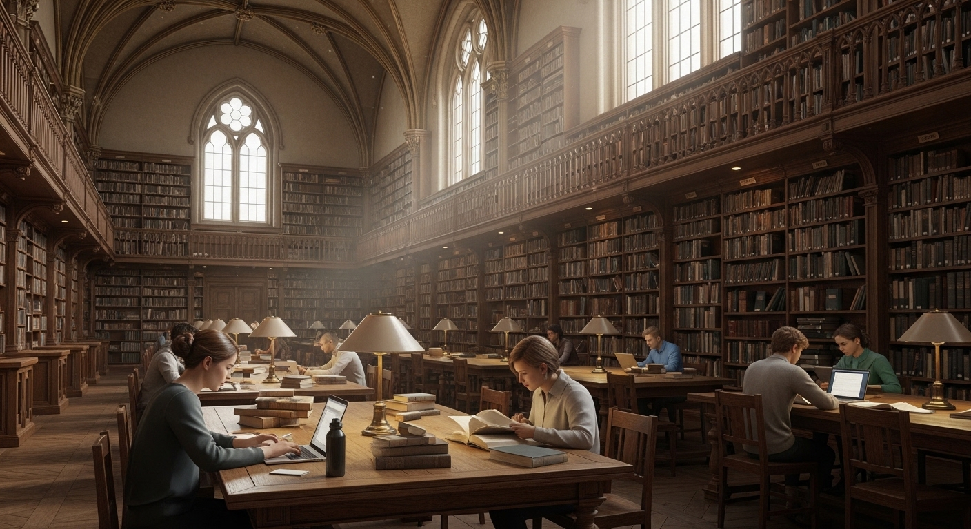 Thư viện đại học tráng lệ với trần cao, kệ sách đầy ắp và sinh viên đang yên tĩnh học bài. Không gian học tập lý tưởng cho các trường đại học tại TP.HCM.