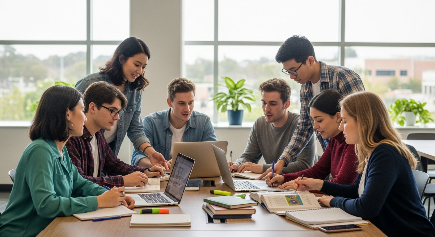 Nhóm sinh viên đa sắc tộc học nhóm sôi nổi trong không gian học tập hiện đại, tràn ngập ánh sáng tự nhiên, với laptop và tài liệu được sắp xếp gọn gàng – hình ảnh thường thấy tại các top trường đại học thế giới 2024-2025 theo THE.
