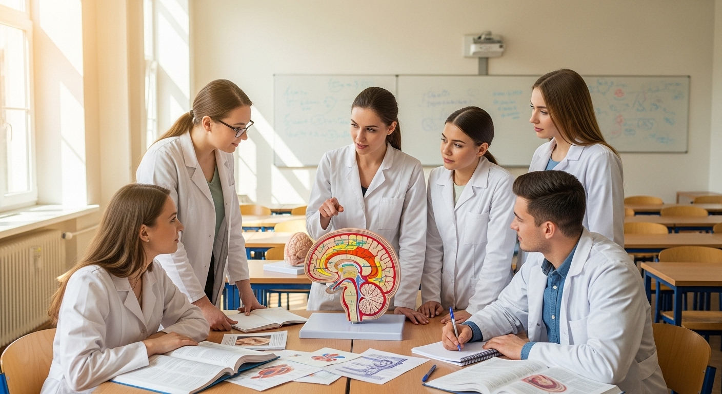 Nhóm sinh viên đại học khối sức khỏe mặc áo blouse trắng chăm chú quan sát mô hình khoa học chi tiết, minh họa quá trình đào tạo chuyên sâu tại các trường uy tín trong bảng xếp hạng đại học khối sức khỏe.