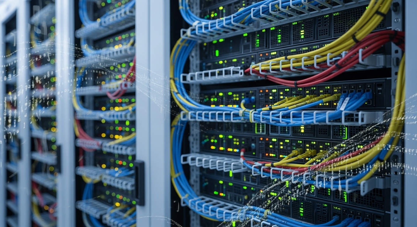 Cận cảnh tủ rack server trong trung tâm dữ liệu với đèn nhấp nháy, cáp mạng phức tạp và luồng mã kỹ thuật số. Minh họa hạ tầng công nghệ thông tin hiện đại, một lĩnh vực cốt lõi cho sinh viên từ các trường đại học có ngành công nghệ thông tin.