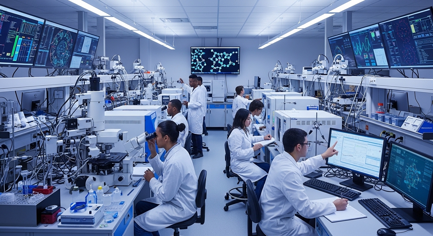 Phòng thí nghiệm hiện đại tại các trường đại học top đầu Hà Nội với sinh viên mặc áo blouse trắng đang tập trung thực hiện thí nghiệm, quan sát thiết bị khoa học tiên tiến và màn hình máy tính phát sáng. Phòng thí nghiệm hiện đại tại các trường đại học top đầu Hà Nội với sinh viên mặc áo blouse trắng đang tập trung thực hiện thí nghiệm, quan sát thiết bị khoa học tiên tiến và màn hình máy tính phát sáng.