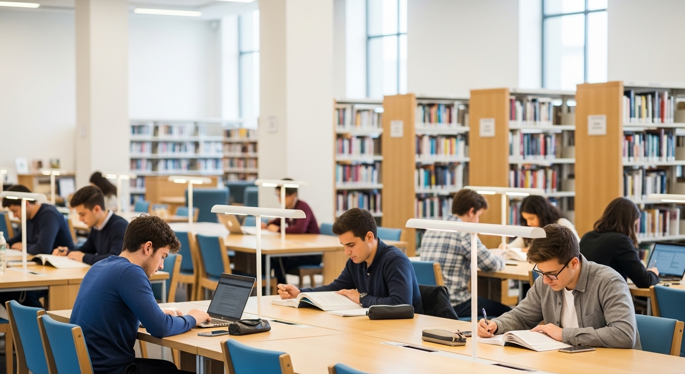 Thư viện đại học hiện đại, sáng sủa với sinh viên tập trung học bài; một khung cảnh học tập lý tưởng tại các trường đại học ở Đà Nẵng.