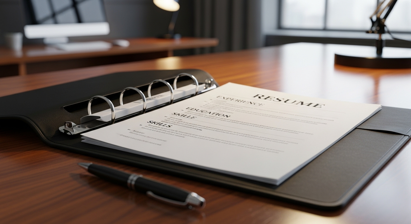 Hồ sơ xin việc chuyên nghiệp mở trên bàn gỗ bóng loáng, trưng bày CV hiện đại, chuẩn bị cho phỏng vấn và các câu hỏi phỏng vấn thường gặp. Hồ sơ xin việc chuyên nghiệp mở trên bàn gỗ bóng loáng, trưng bày CV hiện đại, chuẩn bị cho phỏng vấn và các câu hỏi phỏng vấn thường gặp.