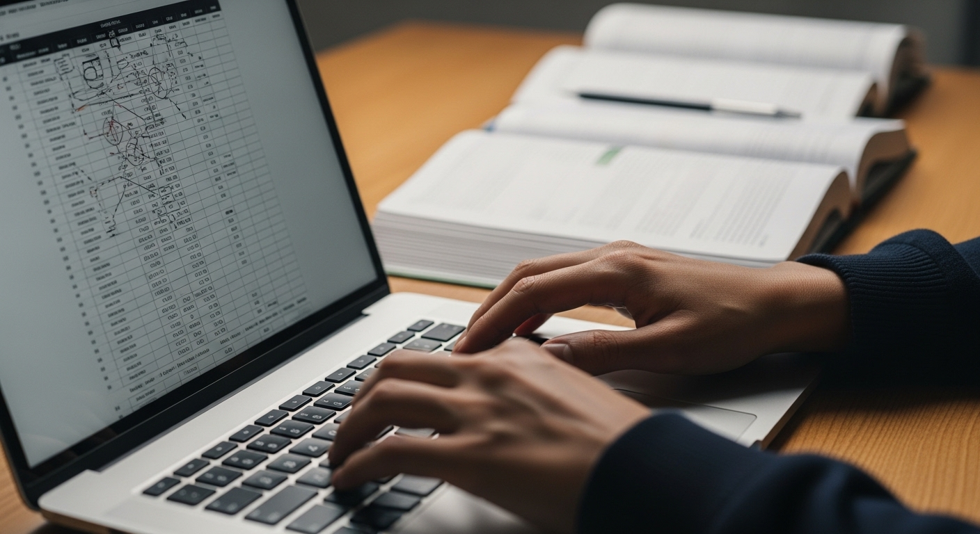 Cận cảnh bàn tay gõ laptop trên bàn gỗ, màn hình hiển thị biểu đồ kỹ thuật và sách vở mở. Cảnh một người đang tập trung học tập, nghiên cứu hoặc chuẩn bị các câu hỏi phỏng vấn thực tập sinh.