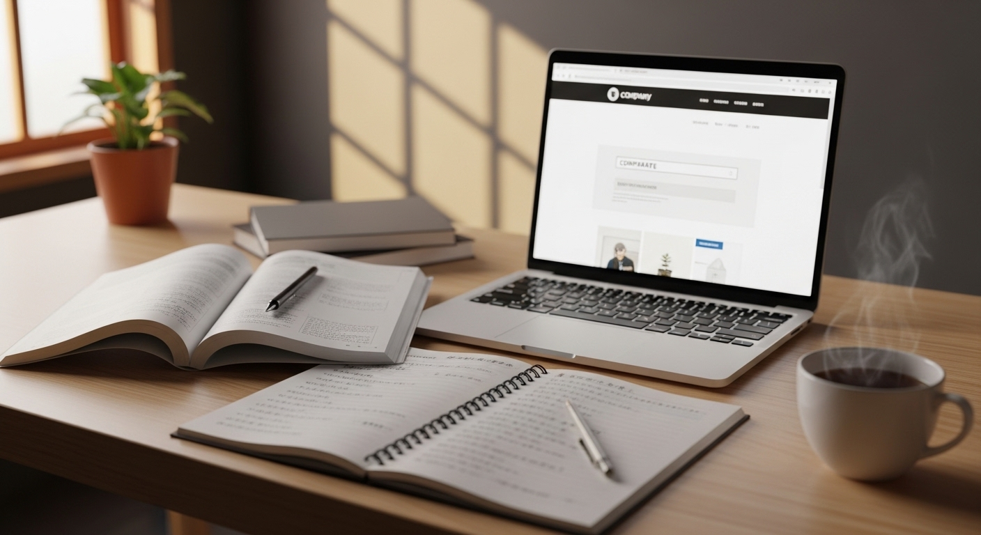 Bàn học gọn gàng với sách tiếng Nhật, laptop và tách trà, không gian lý tưởng để chuẩn bị các câu hỏi phỏng vấn tiếng Nhật chuyên nghiệp.