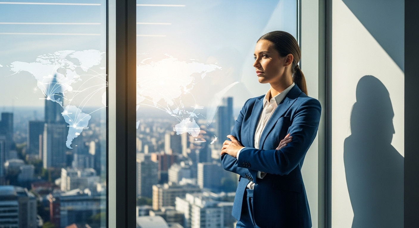 Chuyên gia tự tin trong văn phòng cao cấp nhìn ra thành phố, bản đồ thế giới hologram tượng trưng cơ hội toàn cầu và sự chuẩn bị cho các câu hỏi phỏng vấn bằng tiếng Anh.