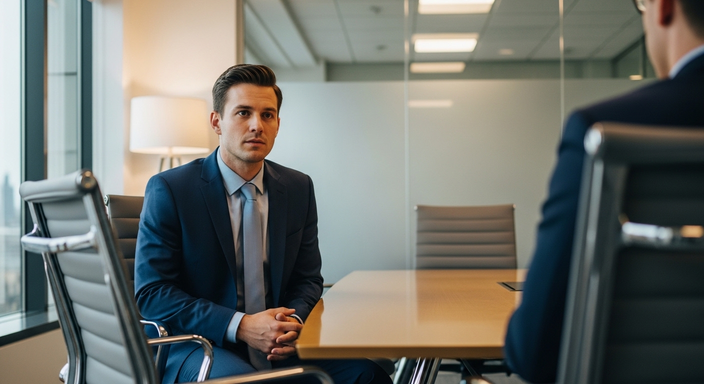 Ứng viên chuyên nghiệp với phong thái tự tin trong phòng họp hiện đại, chuẩn bị đối mặt 10 câu hỏi phỏng vấn thường gặp và cách trả lời hiệu quả.