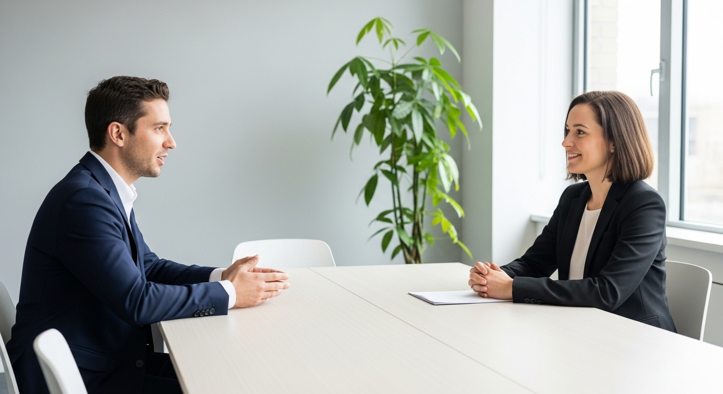 Phòng phỏng vấn chuyên nghiệp với hai chuyên gia đang tương tác tích cực, mô tả một buổi phỏng vấn xin việc bằng tiếng Anh hiệu quả và thân thiện.