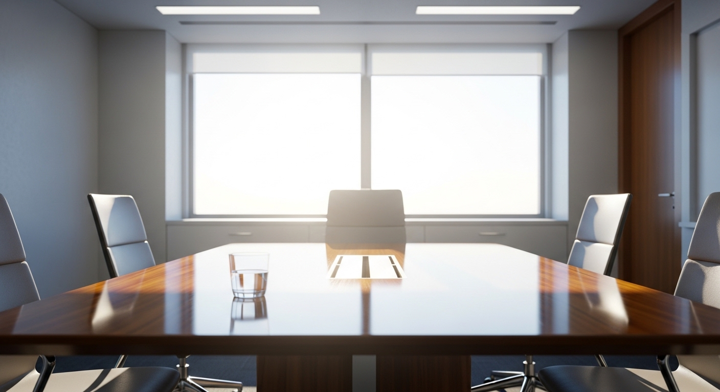 Phòng họp văn phòng hiện đại, trống, sáng bừng với bàn gỗ lớn và ghế công thái học, sẵn sàng cho các buổi phỏng vấn hoặc thảo luận về câu hỏi phỏng vấn xin việc. Cốc nước trên bàn phản chiếu ánh sáng từ cửa sổ lớn.