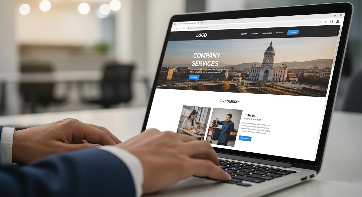 Tay một người đang thao tác trên laptop, màn hình hiển thị website công ty chuyên nghiệp, phục vụ việc nghiên cứu và chuẩn bị cho các câu hỏi phỏng vấn xin việc trong môi trường văn phòng hiện đại.