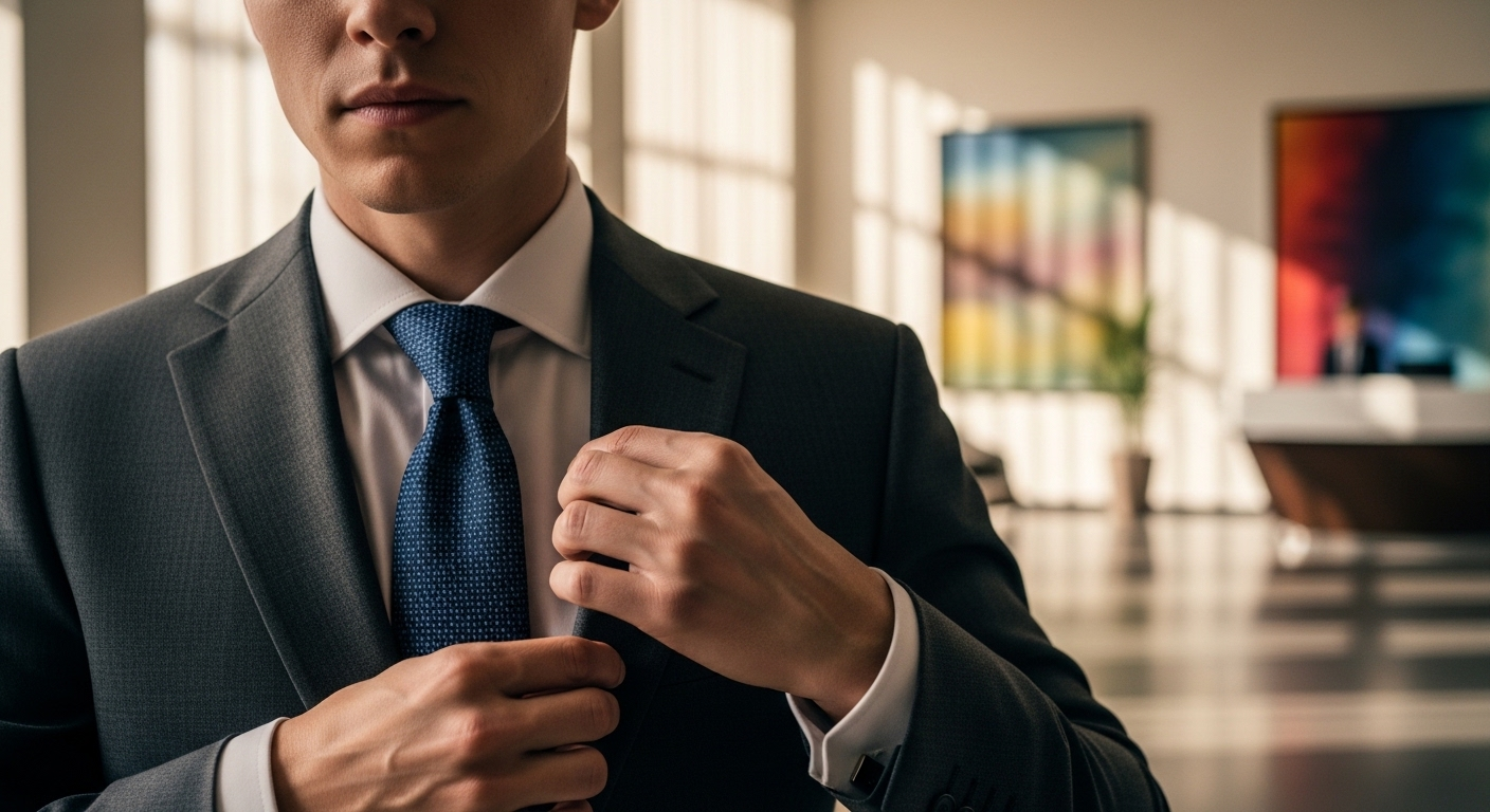 Nam chuyên gia trẻ tuổi chỉnh sửa áo vest chỉn chu tại sảnh văn phòng, sẵn sàng đối mặt với những câu hỏi phỏng vấn.