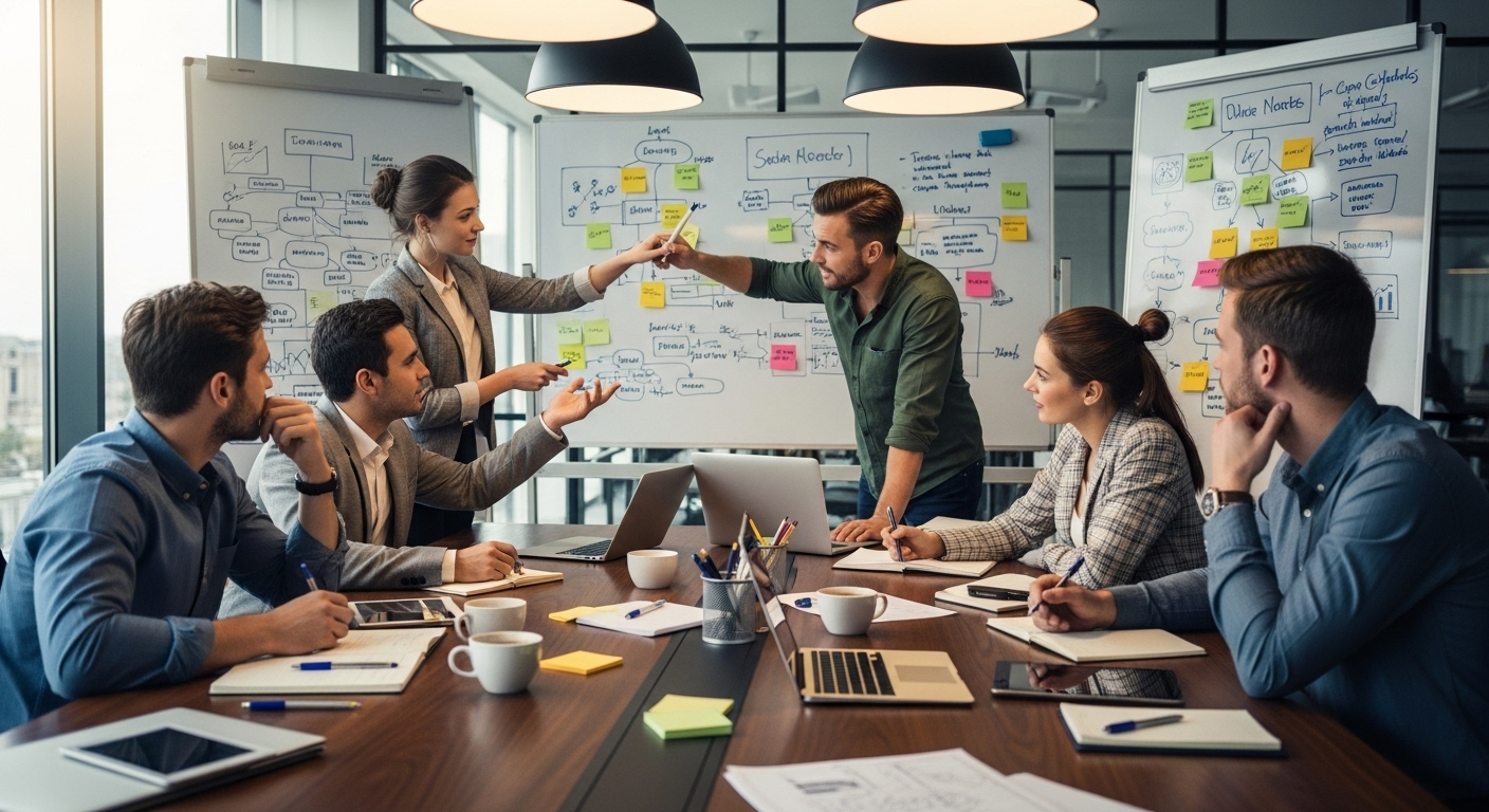 Năm thành viên đội ngũ đa dạng đang động não tích cực, minh họa cho một quy trình đào tạo nhân viên mới chú trọng hợp tác và phát triển ý tưởng. Năm thành viên đội ngũ đa dạng đang động não tích cực, minh họa cho một quy trình đào tạo nhân viên mới chú trọng hợp tác và phát triển ý tưởng.