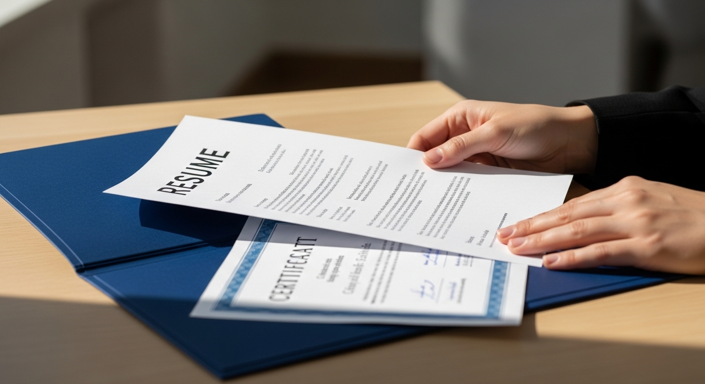 Bàn tay cẩn thận đặt sơ yếu lý lịch và chứng chỉ vào cặp hồ sơ chuyên nghiệp, minh họa sự chuẩn bị kỹ lưỡng trước khi tìm hiểu cách trả lời phỏng vấn hiệu quả. Bàn tay cẩn thận đặt sơ yếu lý lịch và chứng chỉ vào cặp hồ sơ chuyên nghiệp, minh họa sự chuẩn bị kỹ lưỡng trước khi tìm hiểu cách trả lời phỏng vấn hiệu quả.