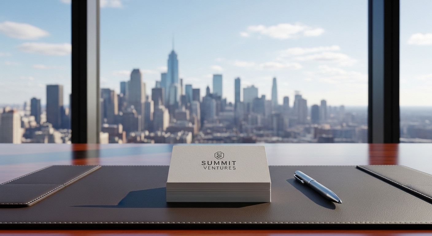 Bàn làm việc chuyên nghiệp với danh thiếp, khung cảnh thành phố tươi sáng, thể hiện tiềm năng phát triển sự nghiệp cùng tầm quan trọng của chứng chỉ nhân sự.