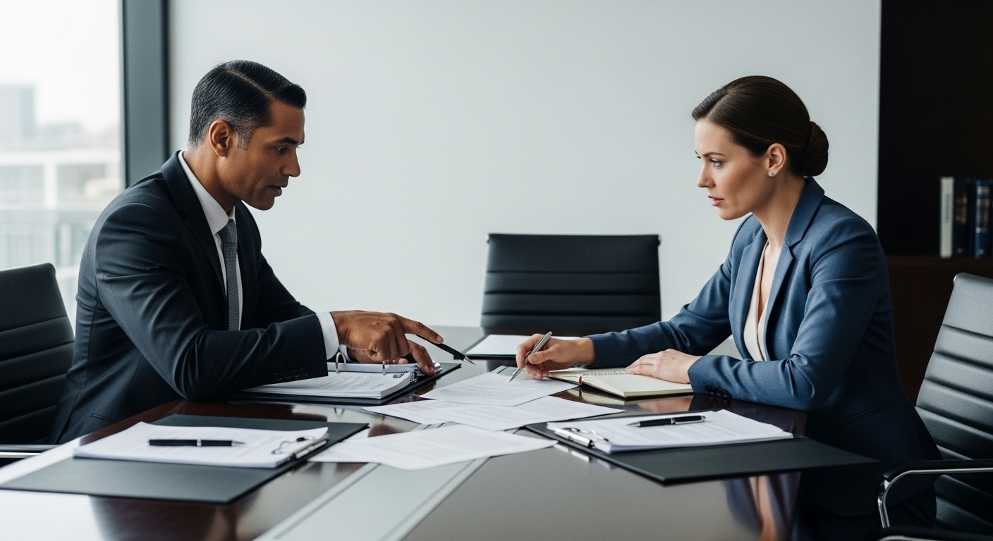 Hai luật sư (nam và nữ) đang thảo luận tài liệu tại bàn họp hiện đại nhìn ra thành phố sôi động, thể hiện nhu cầu tuyển dụng nhân lực ngành Luật chuyên nghiệp đang tăng cao.