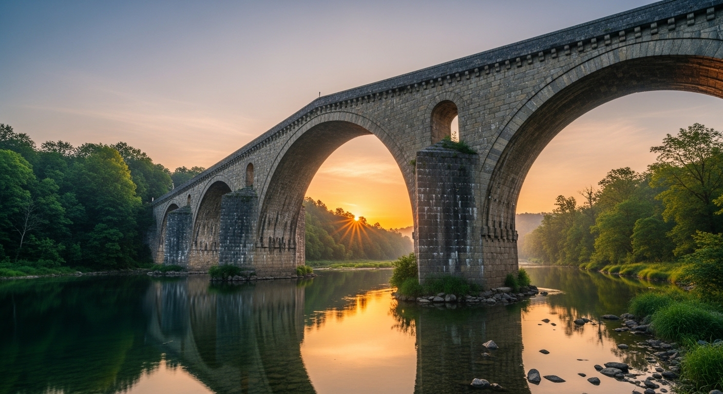 Cầu đá hùng vĩ bắc qua sông yên bình lúc bình minh, tượng trưng cho sự kết nối vững chắc và những bước đi định hướng rõ ràng trong cuộc sống, kể cả việc tìm hiểu cách từ chối nhà tuyển dụng một cách chuyên nghiệp.