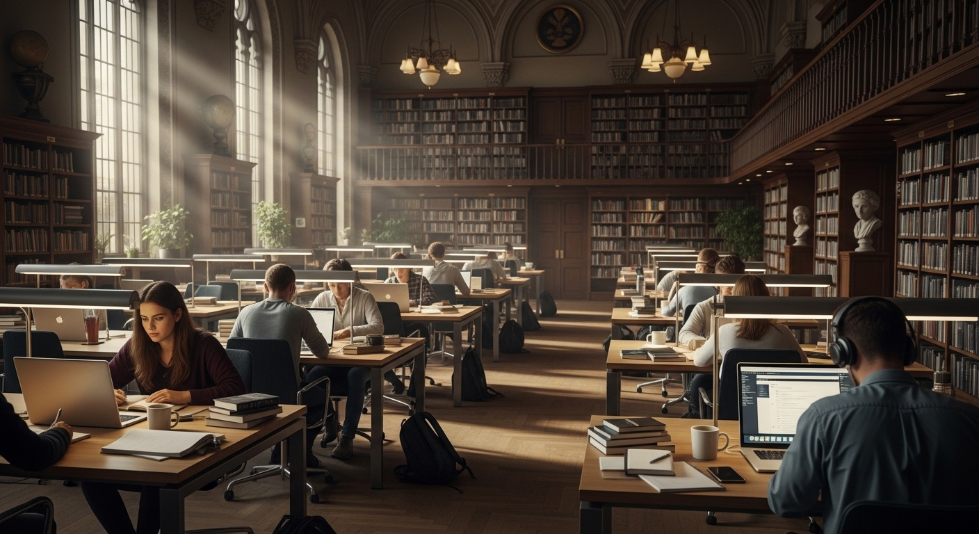 Thư viện đại học rộng rãi, hiện đại với sinh viên đang yên tĩnh học tập giữa các kệ sách cao. Không gian học tập lý tưởng tại Top trường đại học ở Hà Nội.