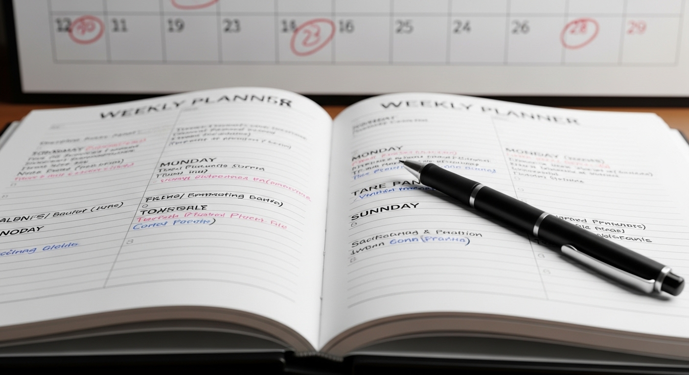 Cận cảnh kế hoạch tuần được sắp xếp khoa học với nhiệm vụ viết tay, bút và lịch treo tường có deadline, công cụ thiết yếu để tối ưu hóa năng suất làm việc.