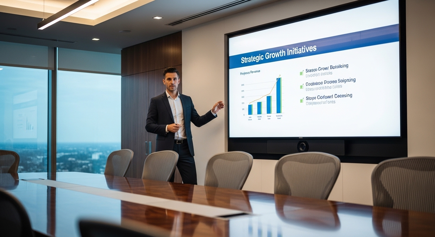 Diễn giả chuyên nghiệp tự tin trình bày slide kinh doanh trên màn hình lớn tại phòng họp hiện đại, thảo luận về chiến lược và có thể giải thích nhân viên kinh doanh là gì.