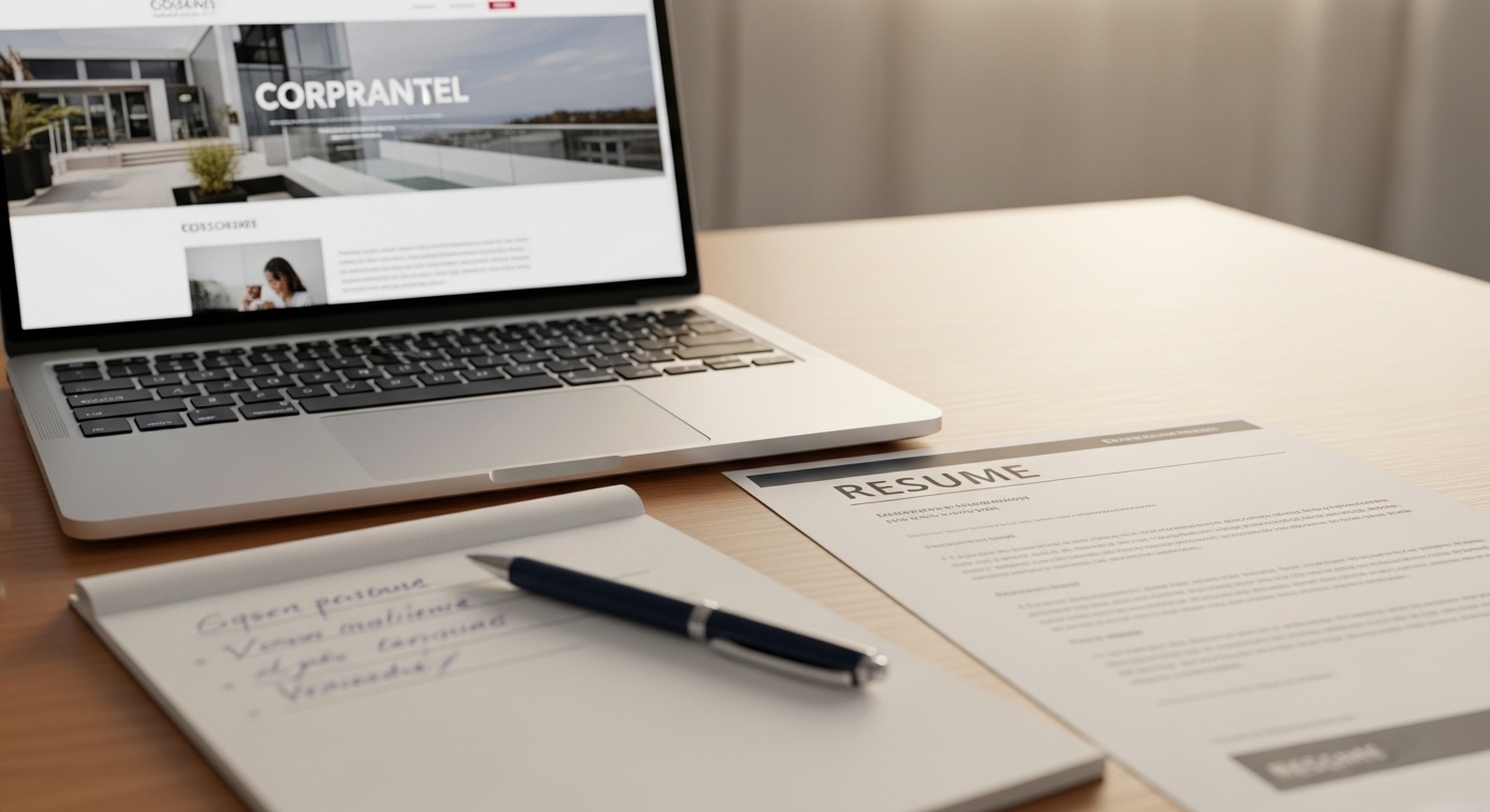 Bàn làm việc gọn gàng với laptop, CV và sổ ghi chú, thể hiện sự chuẩn bị kỹ lưỡng cho phỏng vấn xin việc tiếng Anh.