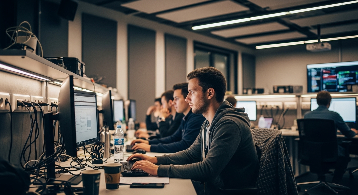 Phòng lab máy tính công nghệ cao với sinh viên đang lập trình phần mềm trên các máy trạm hiện đại, là môi trường học tập chất lượng tại trường Cao đẳng tốt nhất Hà Nội.