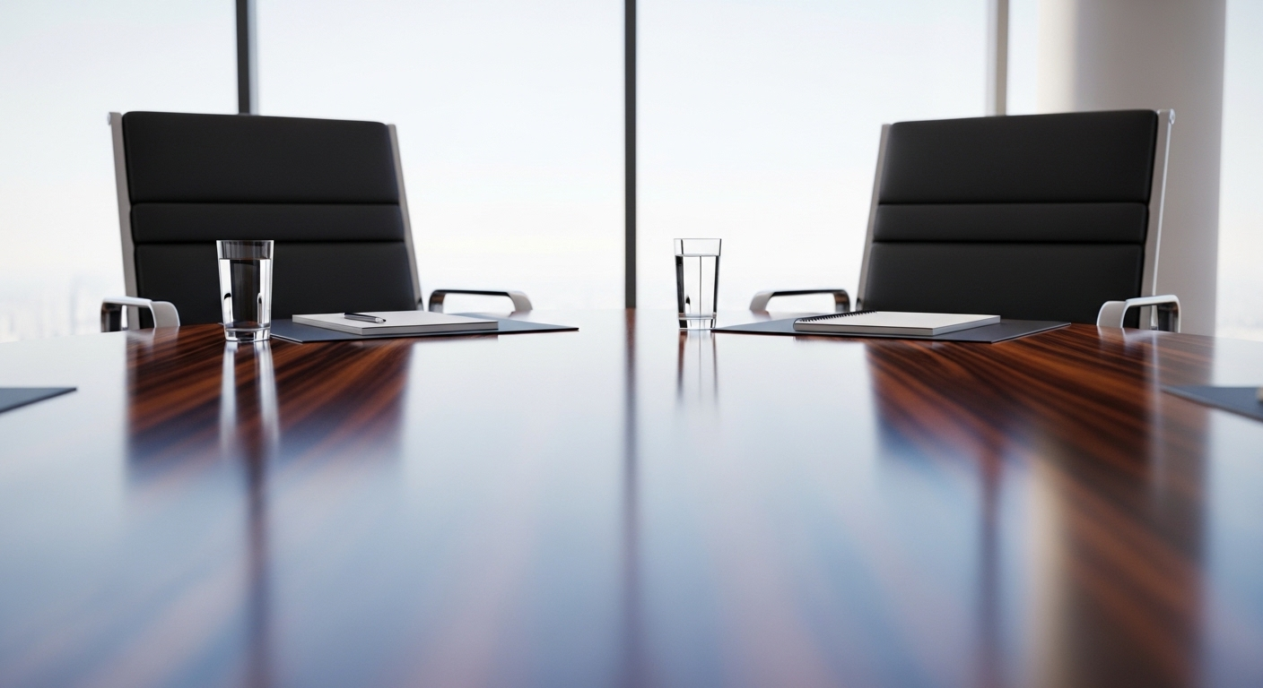 Phòng phỏng vấn hiện đại, chuyên nghiệp với bàn ghế sạch sẽ, sổ và nước uống, sẵn sàng cho những câu hỏi phỏng vấn xin việc.