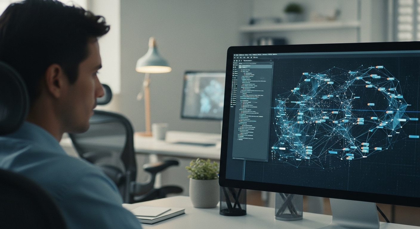 Chuyên gia tập trung phân tích dữ liệu phức tạp trên màn hình, minh họa tư duy sâu sắc cần thiết khi tìm cách trả lời câu hỏi tình huống phỏng vấn hiệu quả.