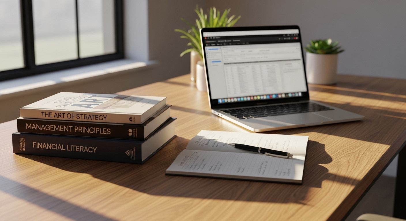 Bàn làm việc chuyên nghiệp, gọn gàng với sách, laptop và sổ ghi chú. Ánh sáng buổi sáng làm nổi bật sự chuẩn bị kỹ lưỡng, có thể là cho các câu hỏi phỏng vấn quan trọng.