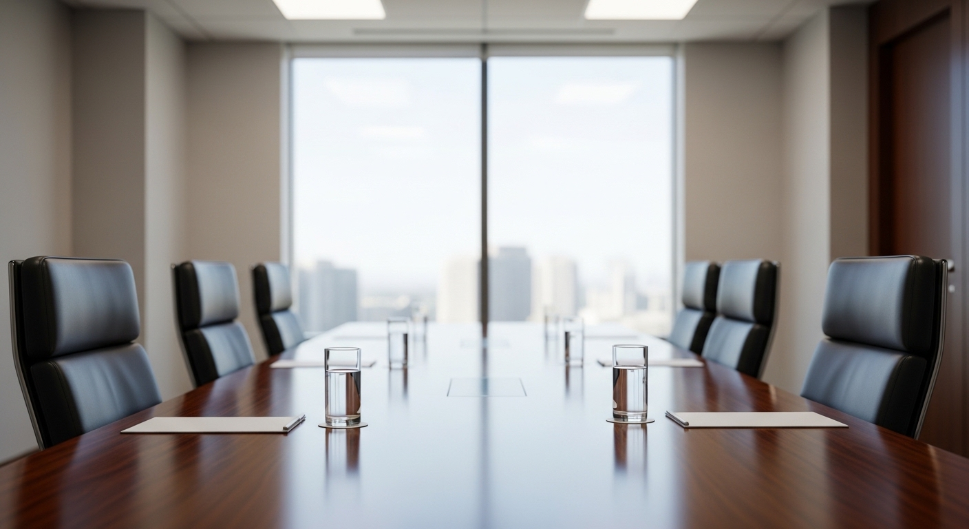 Phòng phỏng vấn hiện đại, chuyên nghiệp với bàn họp, hai ghế trống, nước và sổ ghi chú, chuẩn bị cho các câu hỏi phỏng vấn.