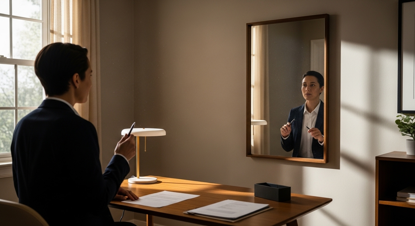 Người mặc trang phục chuyên nghiệp cầm bút, tập dượt trả lời câu hỏi phỏng vấn trước gương với ánh mắt tự tin, trong không gian văn phòng tại nhà hiện đại, ánh sáng dịu nhẹ.