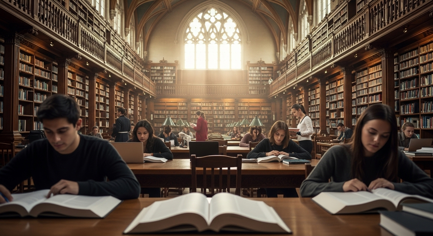 Thư viện đại học rộng rãi, trần cao, với sinh viên đang học tập tập trung giữa các dãy sách, thể hiện môi trường học thuật chất lượng cao tại các top trường đại học công lập Hà Nội.