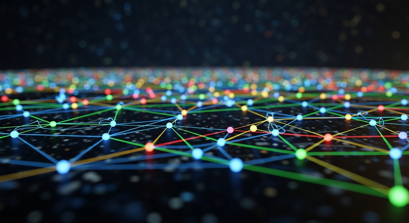 Mạng lưới công nghệ phát sáng, phức tạp với luồng dữ liệu đa sắc, tượng trưng cho sự tích hợp hệ thống và kiến trúc phần mềm hiện đại. Hình ảnh này gợi nhắc về cấu trúc phức tạp cần nắm vững khi tìm hiểu các câu hỏi phỏng vấn Spring Boot.