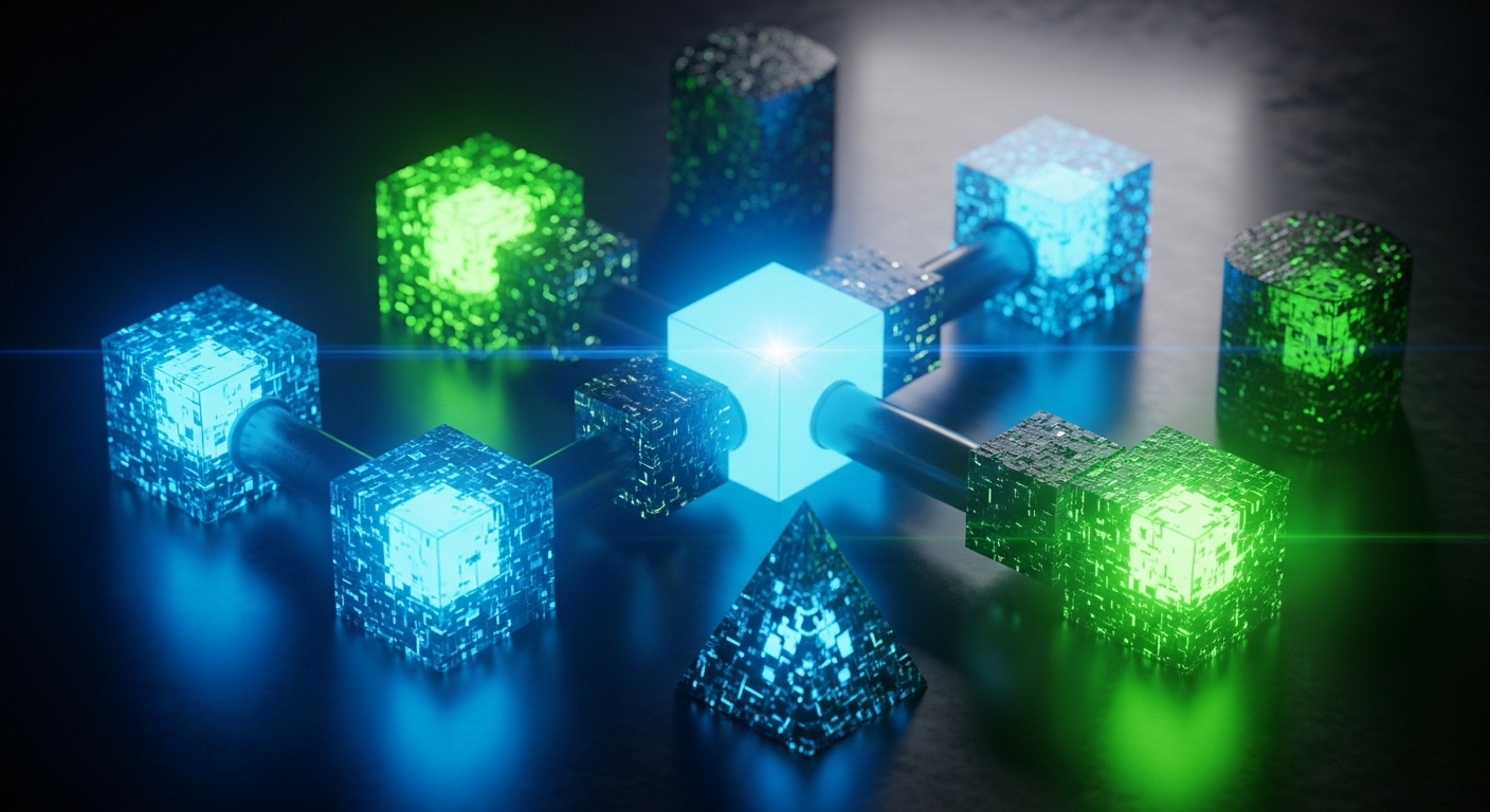 Các khối hình học phát sáng, liên kết chặt chẽ tượng trưng cho nền tảng công nghệ, rất hữu ích cho các câu hỏi phỏng vấn React Native.