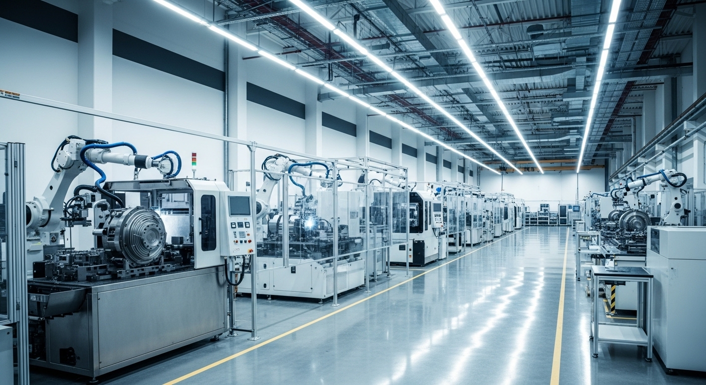 Sàn nhà máy sạch sẽ, sáng sủa với các dây chuyền máy móc tự động hiện đại, minh họa tiềm năng ngành sản xuất cho xuất khẩu lao động Đài Loan.