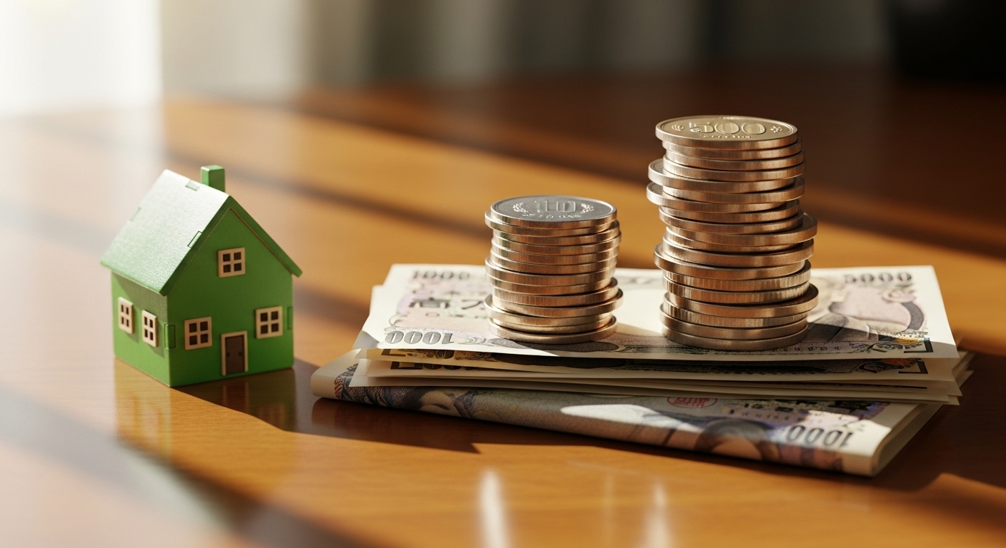 Chồng tiền Yên Nhật và mô hình nhà nhỏ trên bàn gỗ, biểu tượng cho kế hoạch tài chính vững chắc khi xuất khẩu lao động Nhật Bản 2025.