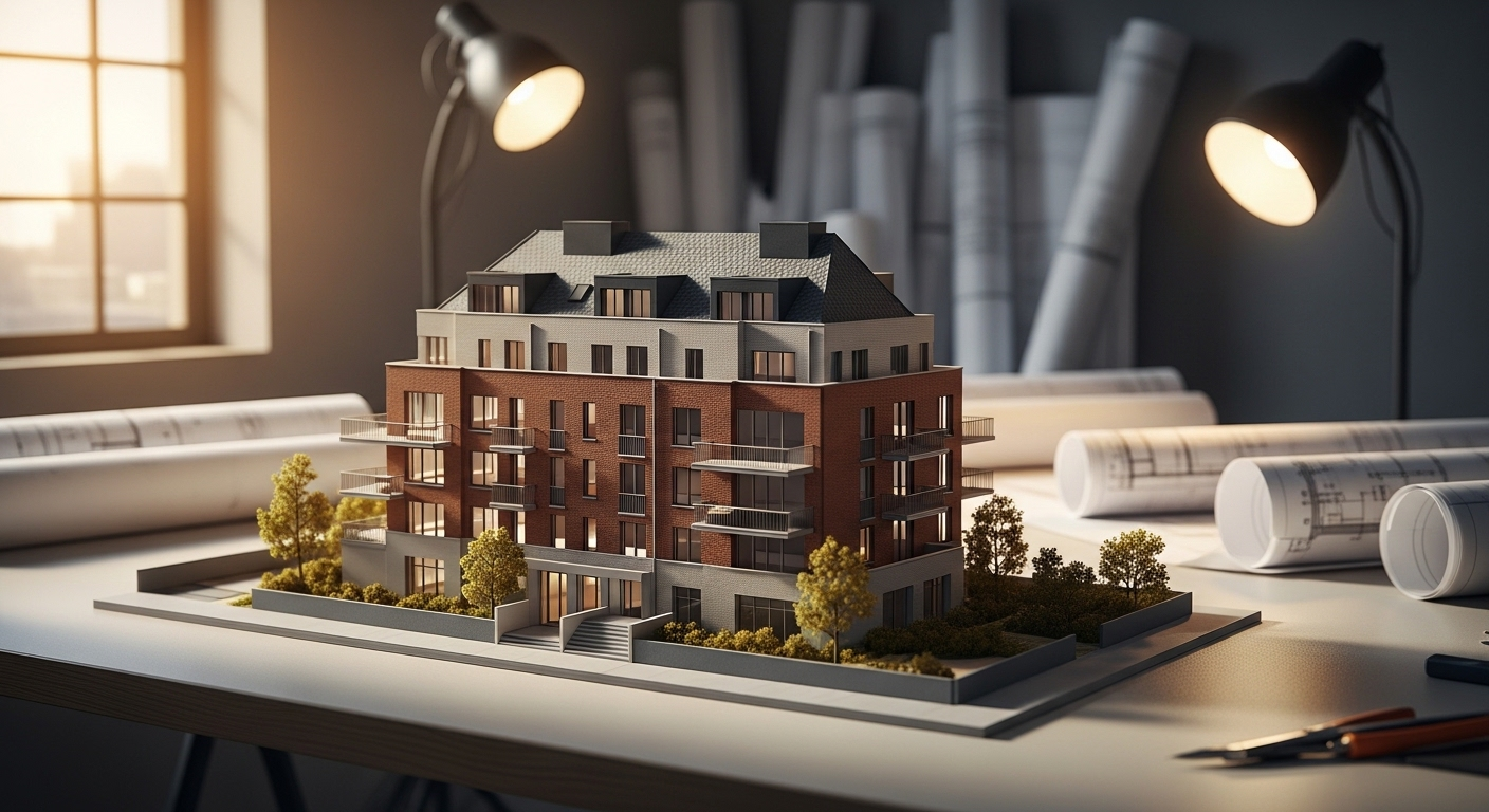 Maket kiến trúc hiện đại tinh xảo đặt trên bàn làm việc, cho thấy rõ maket là gì qua từng chi tiết thiết kế công trình.