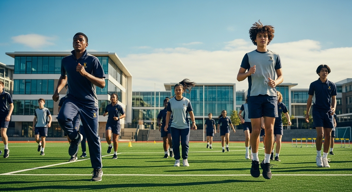 Học sinh THPT năng động tập thể dục trên sân thể thao xanh mướt, khuôn viên một trường THPT tốt nhất Hà Nội.