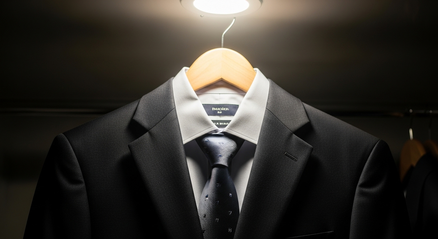 Bộ vest đen, áo sơ mi sáng màu và cà vạt tươm tất treo gọn gàng trên móc, thể hiện sự chuẩn bị kỹ lưỡng – một mẹo phỏng vấn quan trọng giúp bạn tự tin.