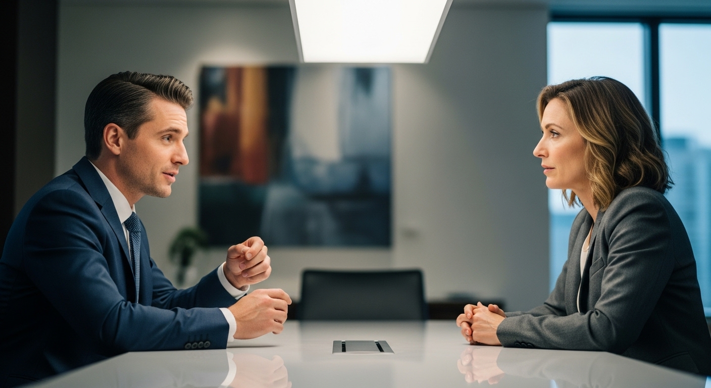 Ảnh chụp cảnh phỏng vấn chuyên nghiệp với hai người tại bàn hiện đại, đang trao đổi các câu hỏi phỏng vấn thường gặp trong không gian rõ ràng, thanh lịch.