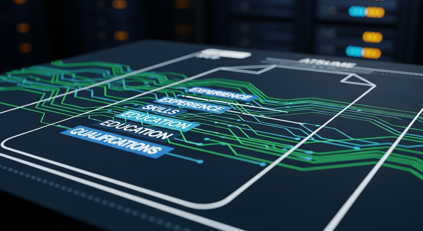 Màn hình kỹ thuật số hiển thị hệ thống ATS (Applicant Tracking System) đang lọc CV với các dòng code xanh/xanh dương nổi bật, minh họa tầm quan trọng của việc biết cách viết CV chuyên nghiệp để vượt qua vòng sàng lọc tự động.