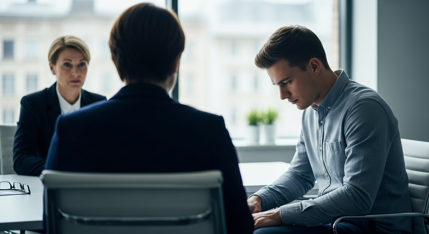 Ứng viên ngồi khom, nhìn xuống tránh giao tiếp mắt, tay đặt hờ trên đùi.