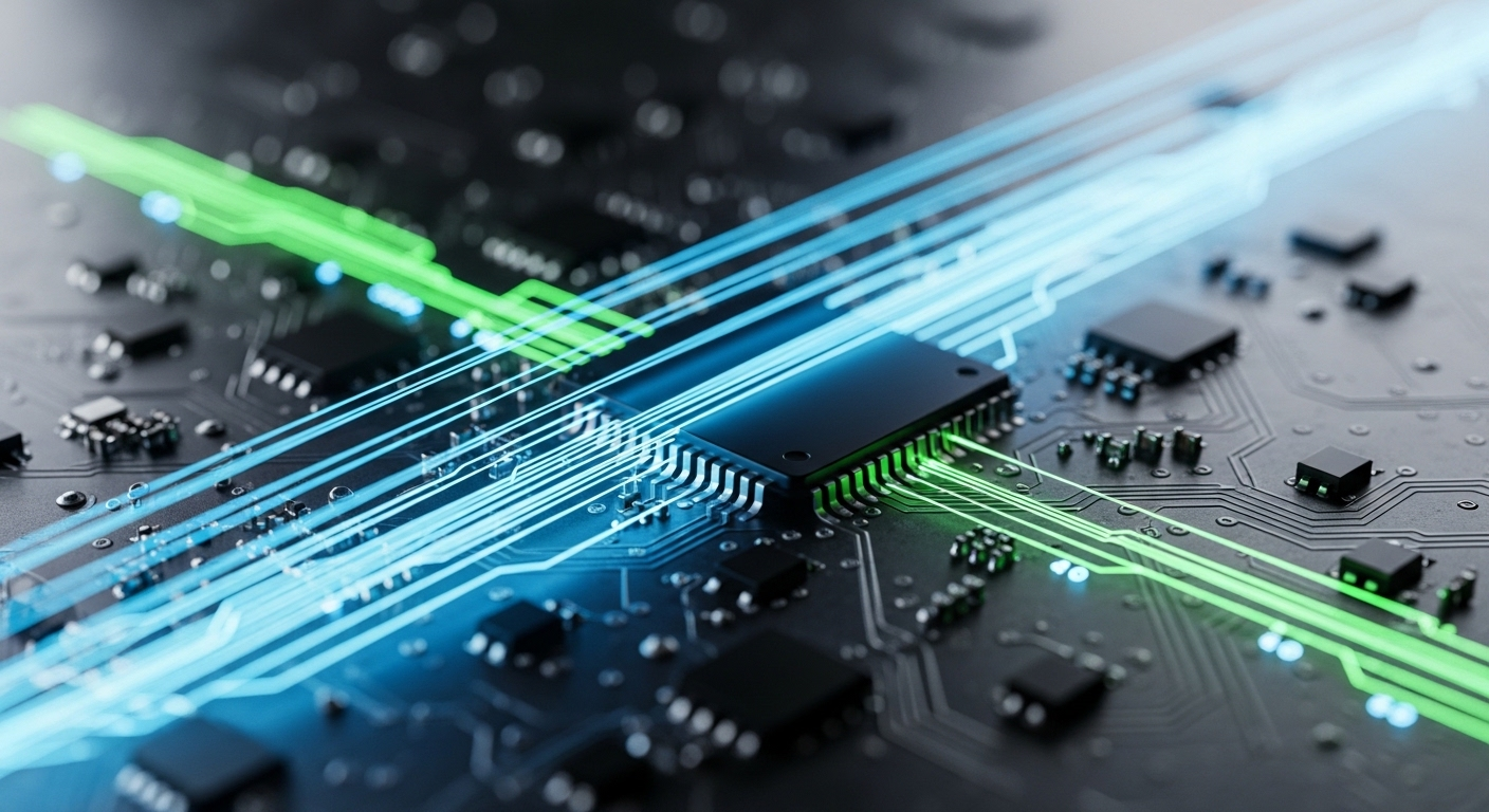 Bảng mạch điện tử tinh xảo, chi tiết với các vệt sáng xanh dương và xanh lá phát quang mô phỏng dòng dữ liệu, thể hiện sự phức tạp của ngành công nghệ, đặc biệt trong bối cảnh layoff ngành công nghệ hiện nay.